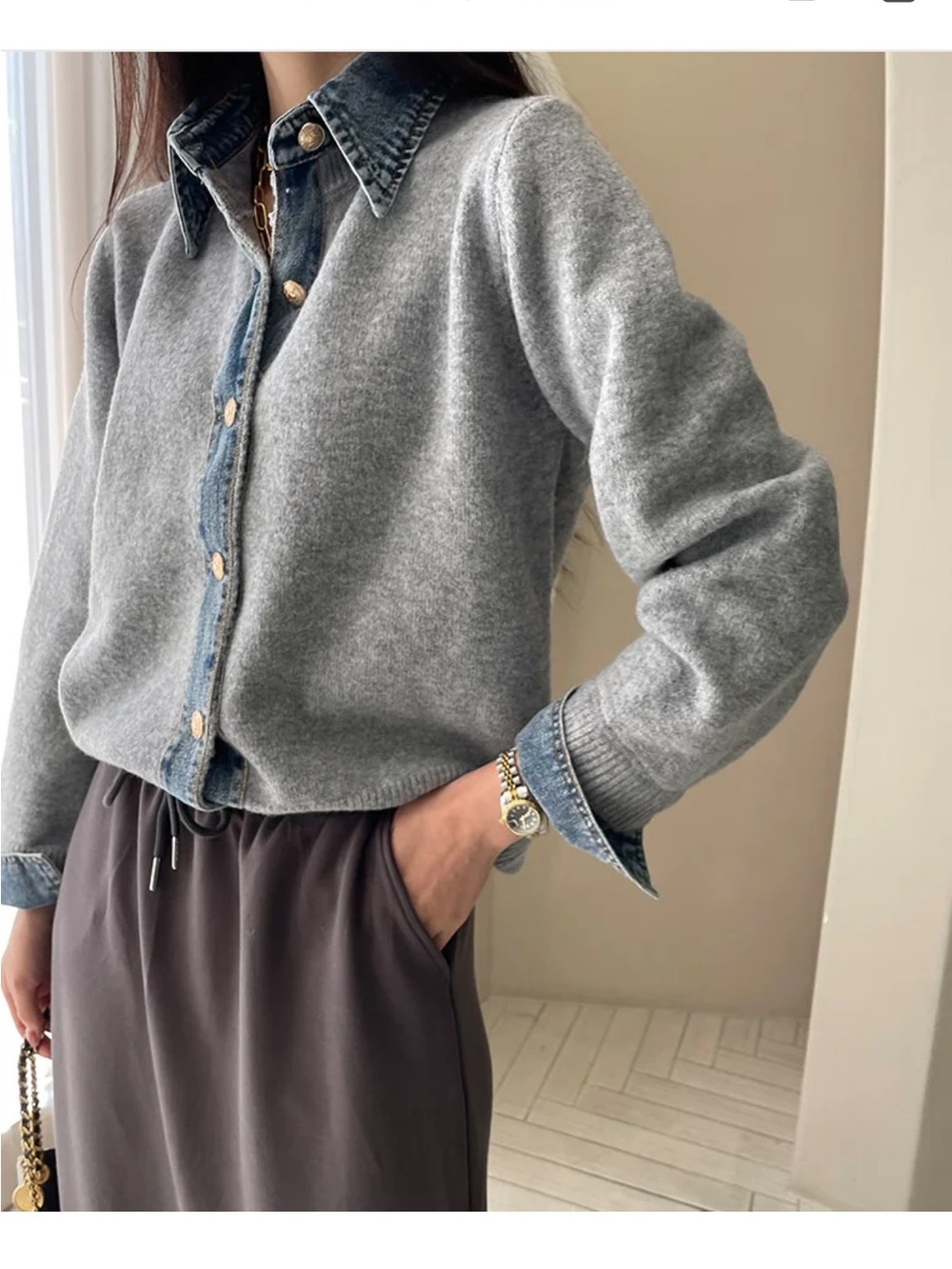 Grey Knit Cardigan with Denim Trim - Unbranded